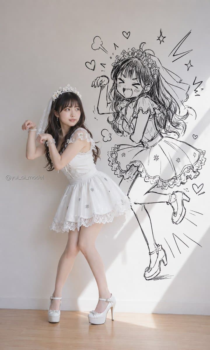 漫画墙绘前的偶像少女