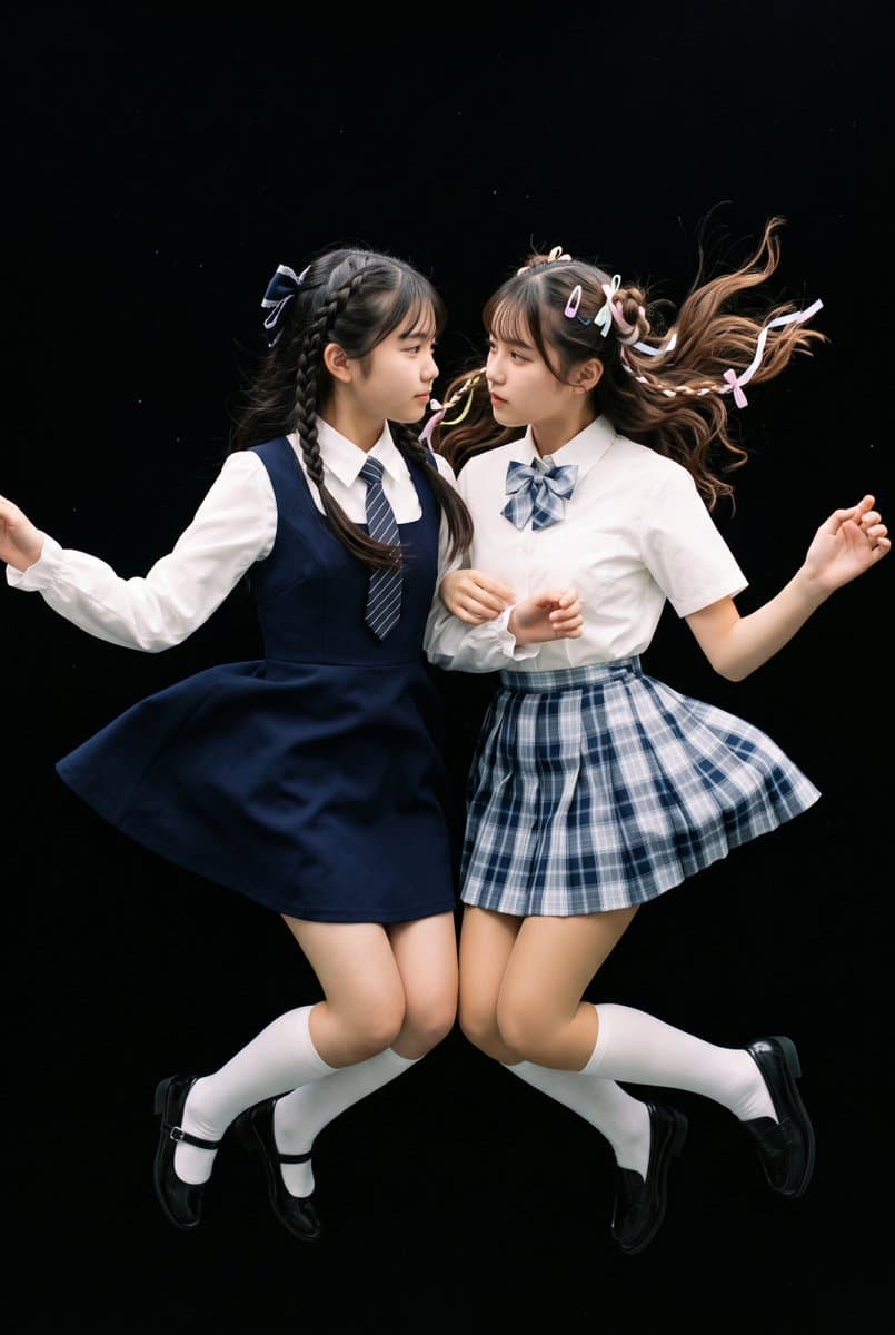 暗色背景中的漂浮女学生