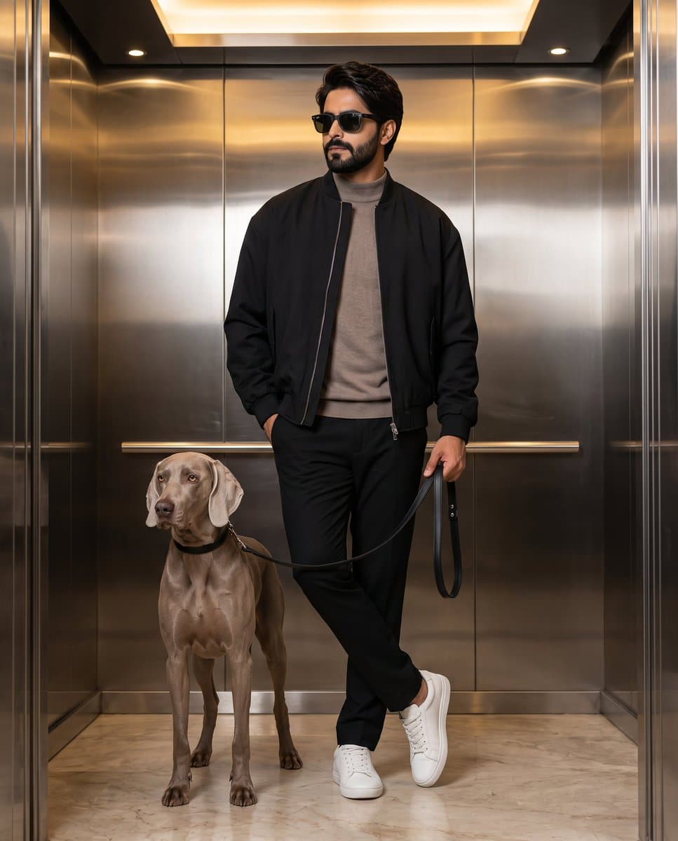现代电梯中与魏玛犬合影的时尚男士