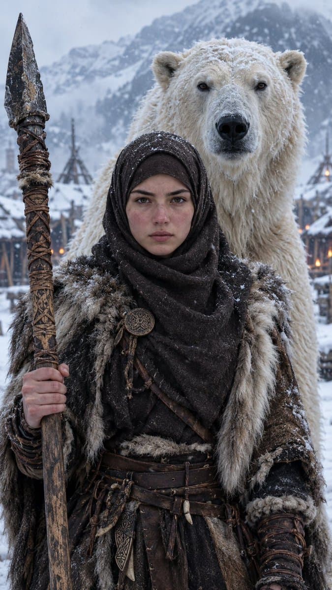 Arctic Female Chieftain with a Spear and Polar Bear Guardian