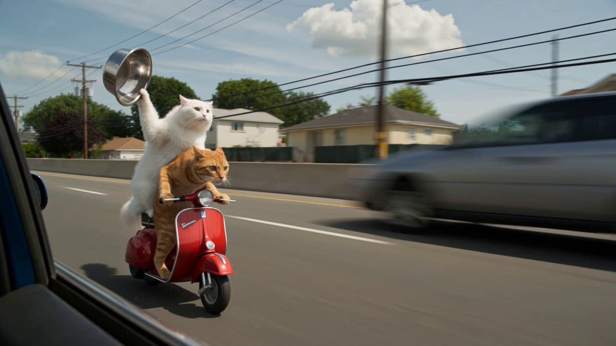 猫咪骑红色迷你摩托车追逐