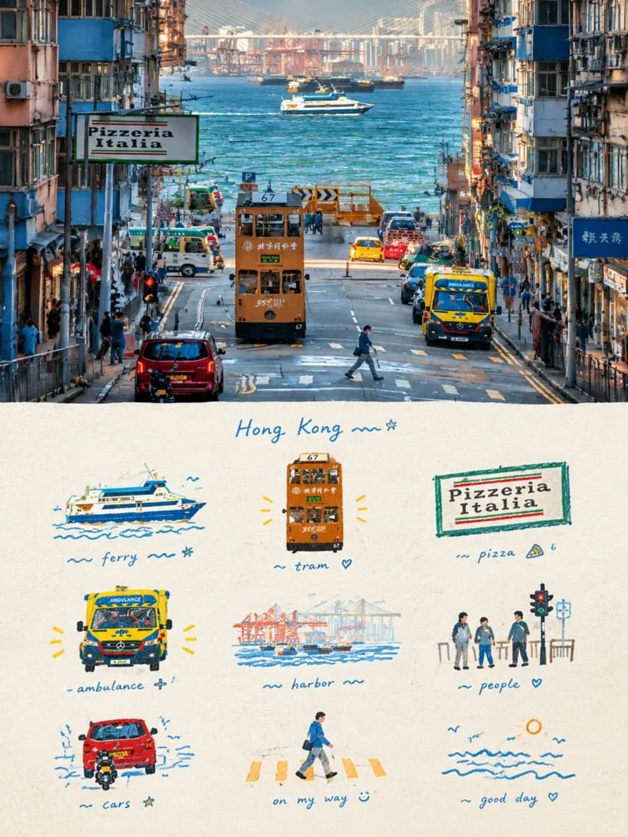 Hong Kong Streets and Victoria Harbour Travel Scrapbook Poster