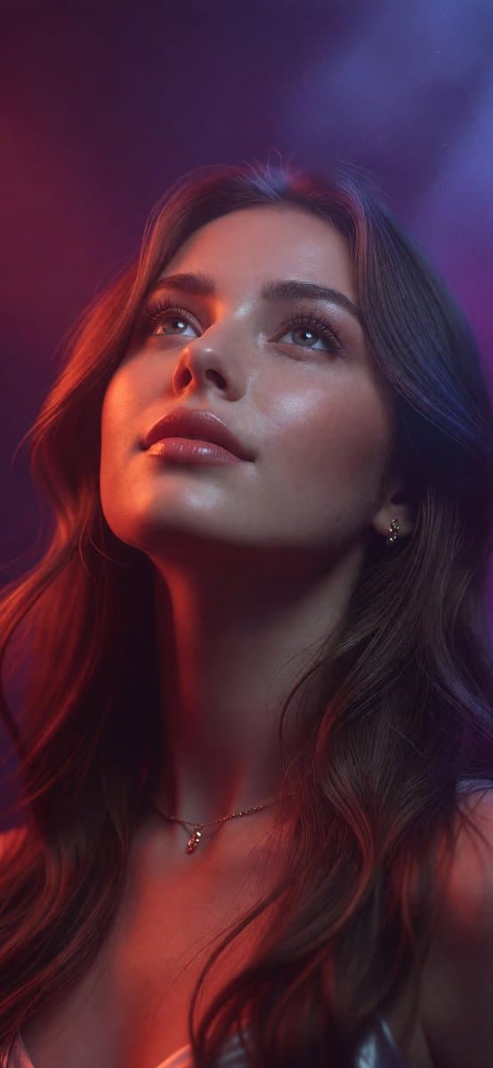 Create a photorealistic cinematic close-up portrait of a beautiful young woman…