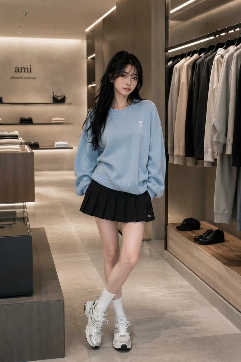 精品服装店里的蓝毛衣黑裙女子