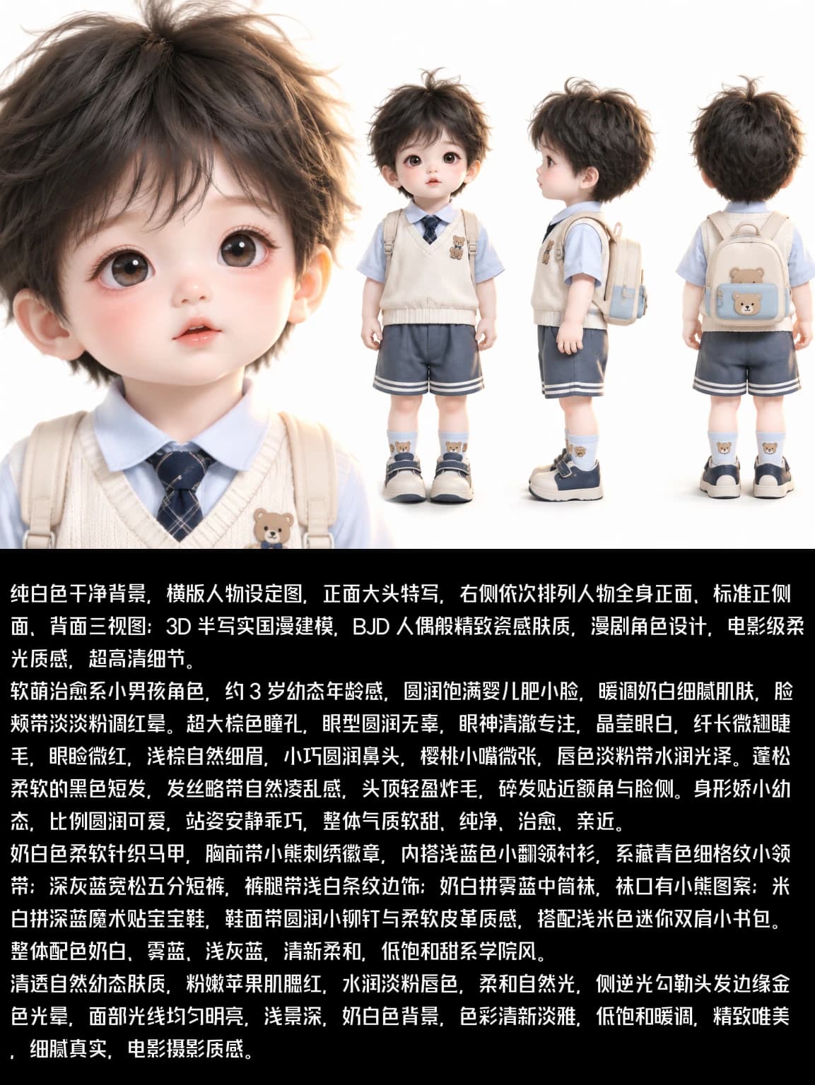 纯白色干净背景,横版人物设定图,正面大头特写,右侧依次排列人物全身正面、标准正侧面、背面三视图;3D 半写实国漫建模,BJD 人偶般精致瓷感肤质,漫剧角色设计…